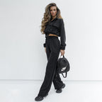 Autumn Winter Solid Color Zipper Double Bag Drawstring Long Sleeve Top Casual Trousers Suit Women Bella Mia