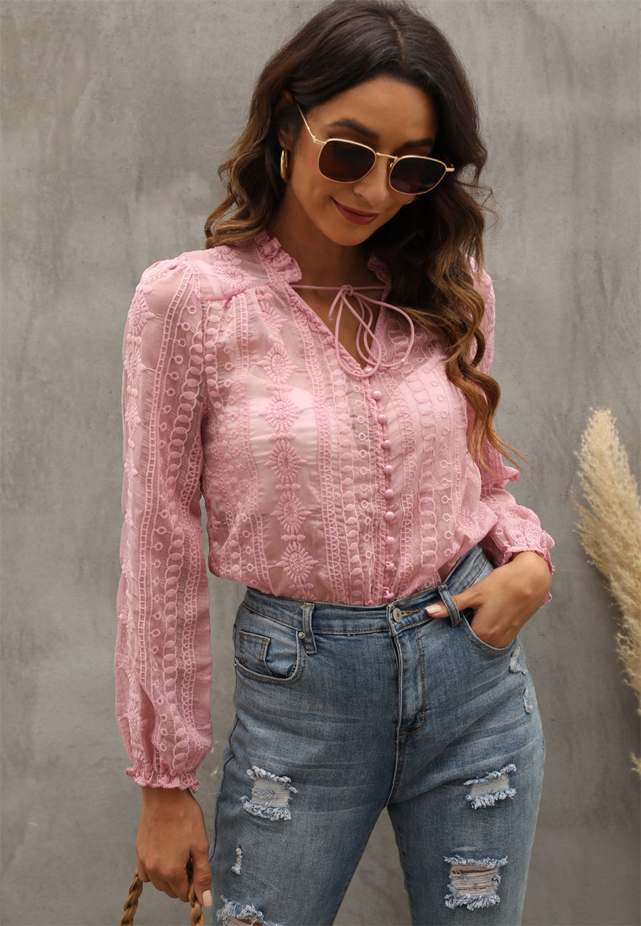 V Neck Embroidery Flower And Wood Ears Long Sleeve Shirt Top Women Bella Mia