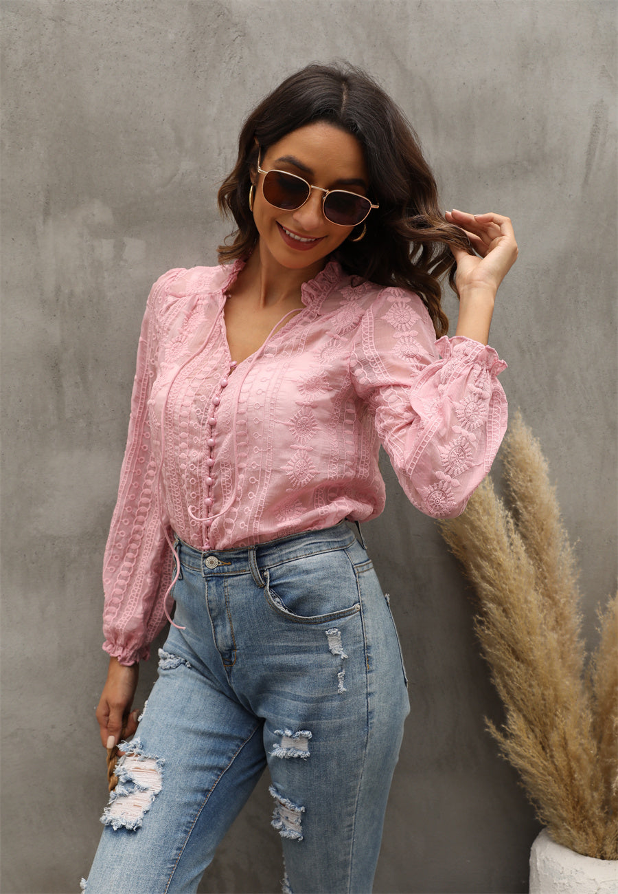 V Neck Embroidery Flower And Wood Ears Long Sleeve Shirt Top Women Bella Mia