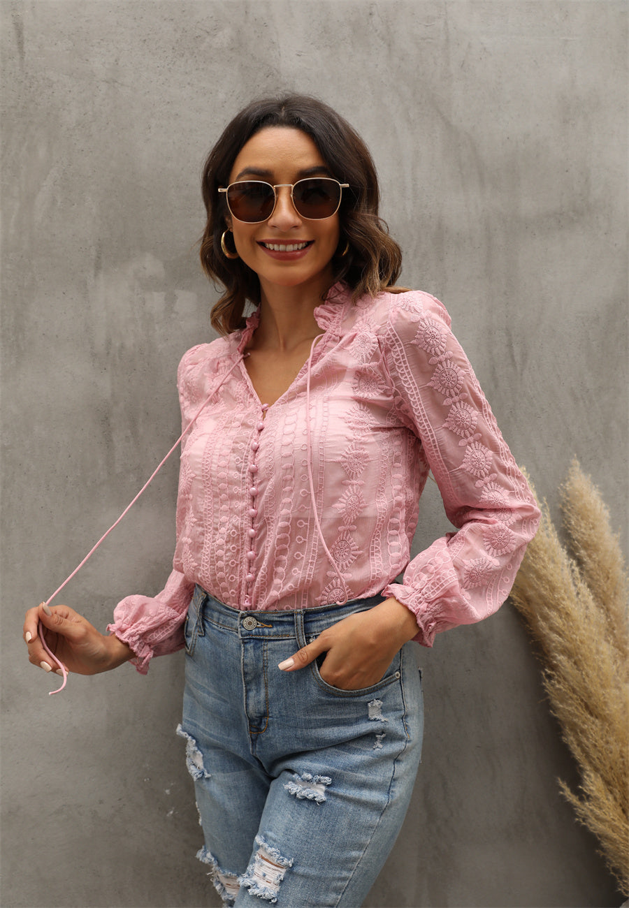 V Neck Embroidery Flower And Wood Ears Long Sleeve Shirt Top Women Bella Mia