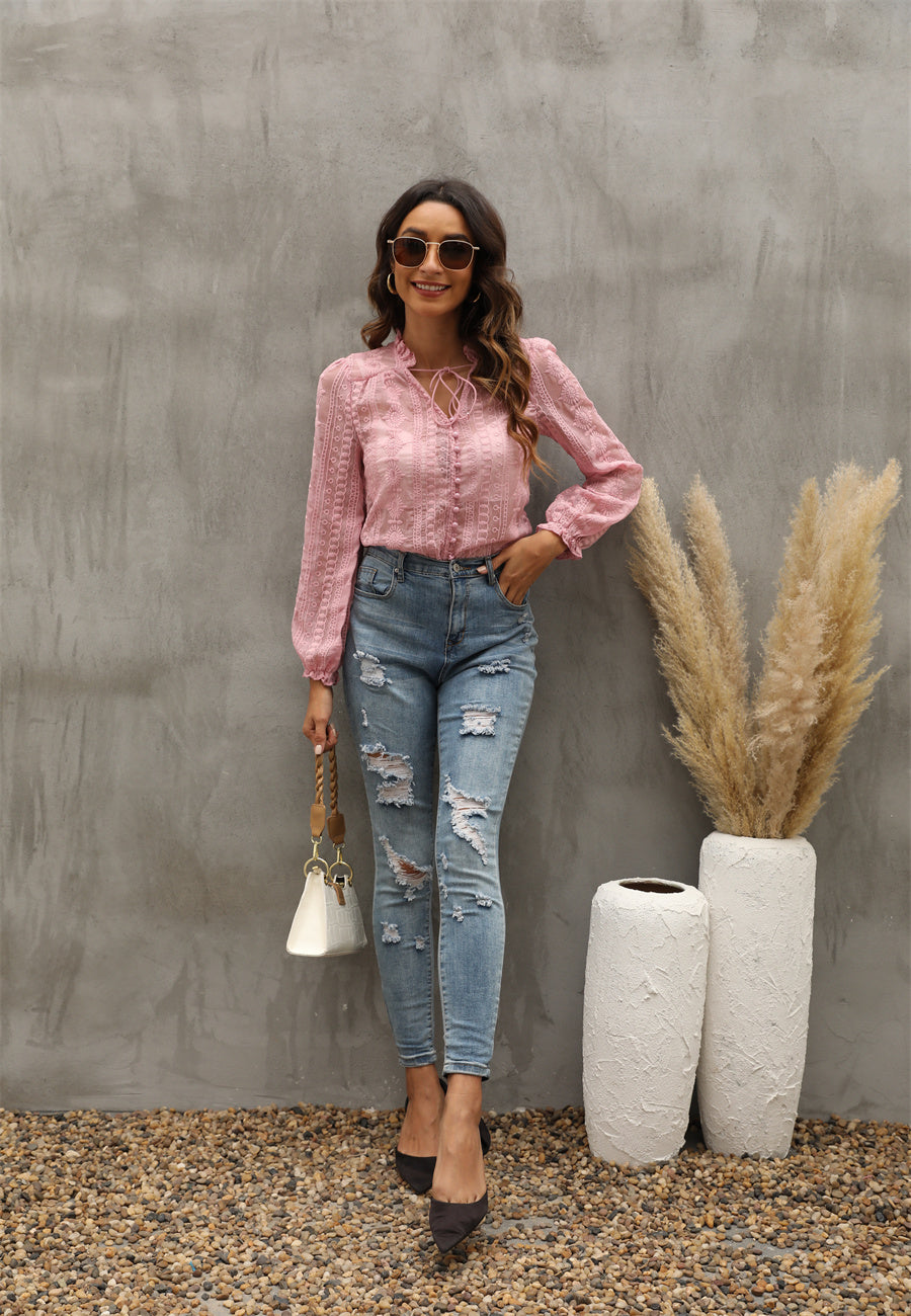 V Neck Embroidery Flower And Wood Ears Long Sleeve Shirt Top Women Bella Mia