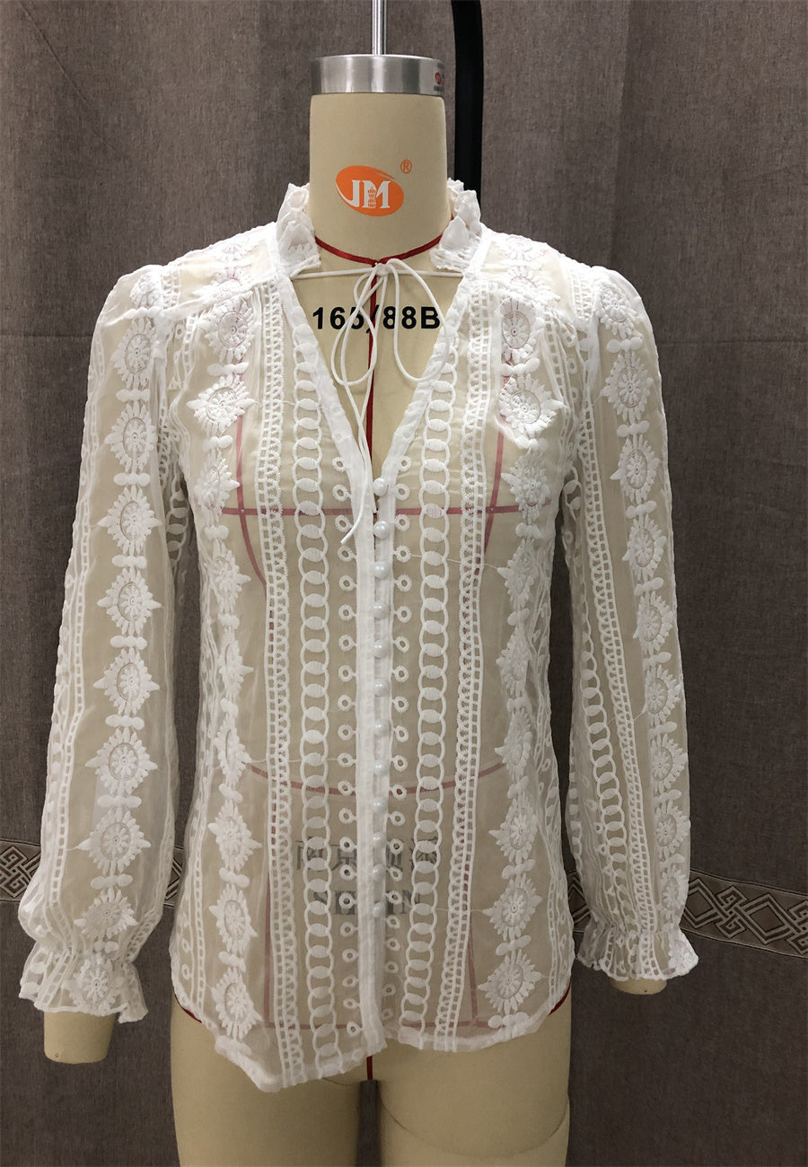 V Neck Embroidery Flower And Wood Ears Long Sleeve Shirt Top Women Bella Mia