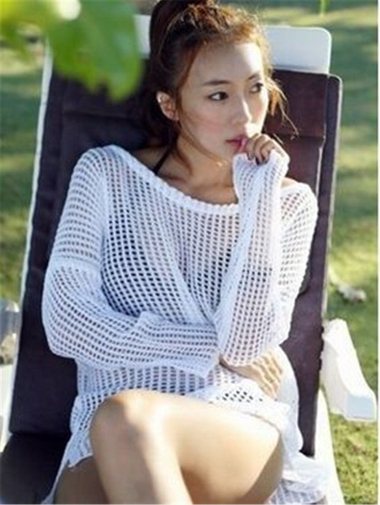 Korean Hollow Out Cutout Mesh Knitwear Bikini Swimsuit Outwear Split Beach Cover-up Bella Mia