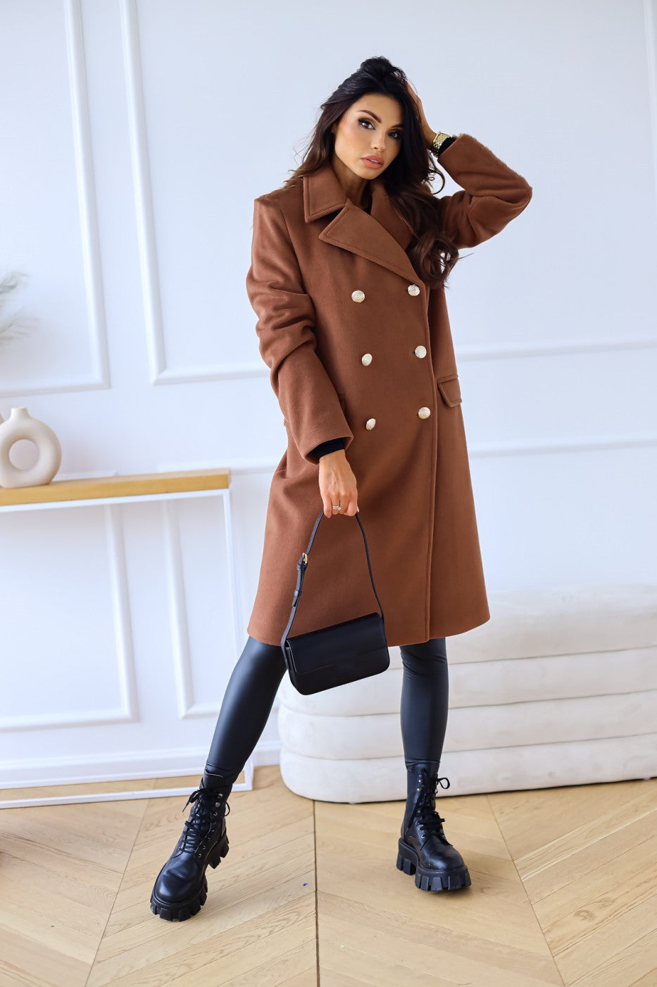 Autumn Winter Simplicity Long Sleeve Collared Double Breasted Woolen Coat Women Clothing Bella Mia