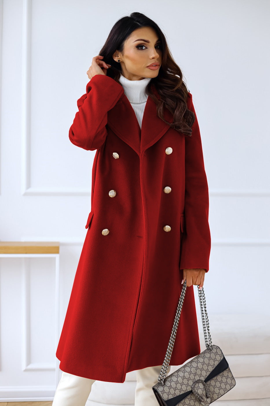 Autumn Winter Simplicity Long Sleeve Collared Double Breasted Woolen Coat Women Clothing Bella Mia