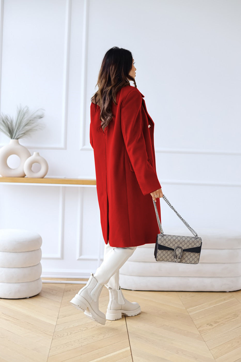 Autumn Winter Simplicity Long Sleeve Collared Double Breasted Woolen Coat Women Clothing Bella Mia