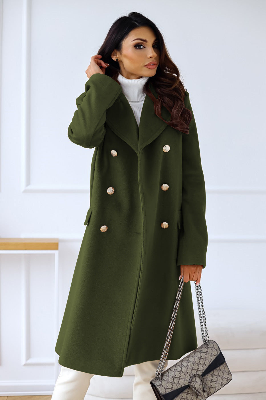 Autumn Winter Simplicity Long Sleeve Collared Double Breasted Woolen Coat Women Clothing Bella Mia