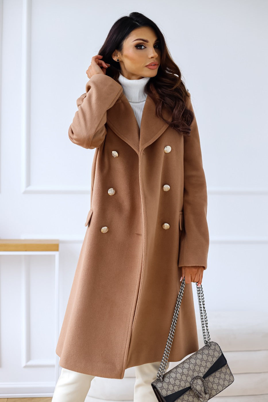 Autumn Winter Simplicity Long Sleeve Collared Double Breasted Woolen Coat Women Clothing Bella Mia