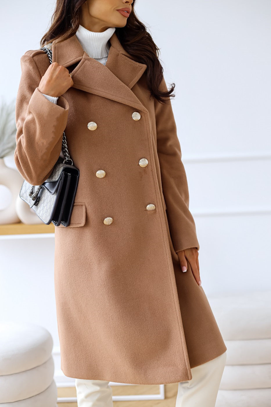 Autumn Winter Simplicity Long Sleeve Collared Double Breasted Woolen Coat Women Clothing Bella Mia