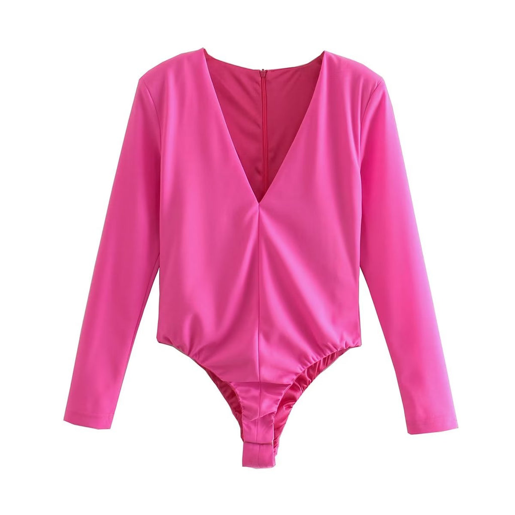 Women Clothing Sexy Four Color Deep V Plunge neck Padded Shoulder Close Fitting Inner Bodysuit Bella Mia