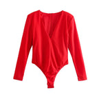 Women Clothing Sexy Four Color Deep V Plunge neck Padded Shoulder Close Fitting Inner Bodysuit Bella Mia