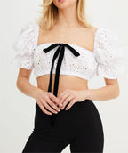 Sexy Crop Lace Lace Jacket Women Summer Bubble Sleeve Square Neck Backless Sweet Pure Desire Shirt Bella Mia