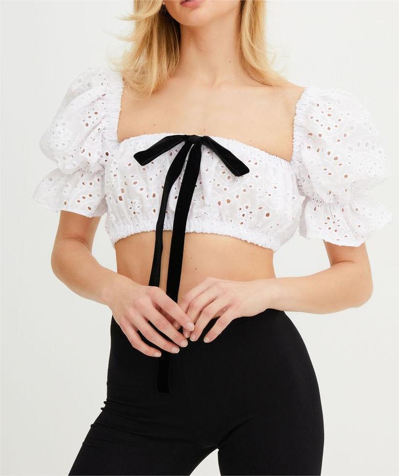 Sexy Crop Lace Lace Jacket Women Summer Bubble Sleeve Square Neck Backless Sweet Pure Desire Shirt Bella Mia