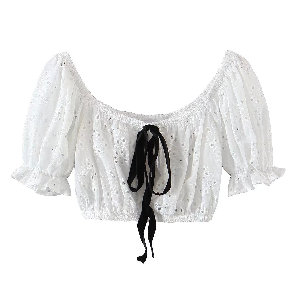 Sexy Crop Lace Lace Jacket Women Summer Bubble Sleeve Square Neck Backless Sweet Pure Desire Shirt Bella Mia