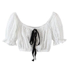 Sexy Crop Lace Lace Jacket Women Summer Bubble Sleeve Square Neck Backless Sweet Pure Desire Shirt Bella Mia