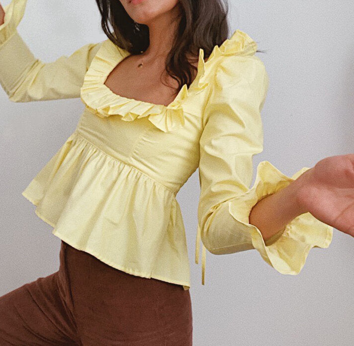 Summer Wind Women Solid Color Long Sleeve Ruffled Shirt Bella Mia