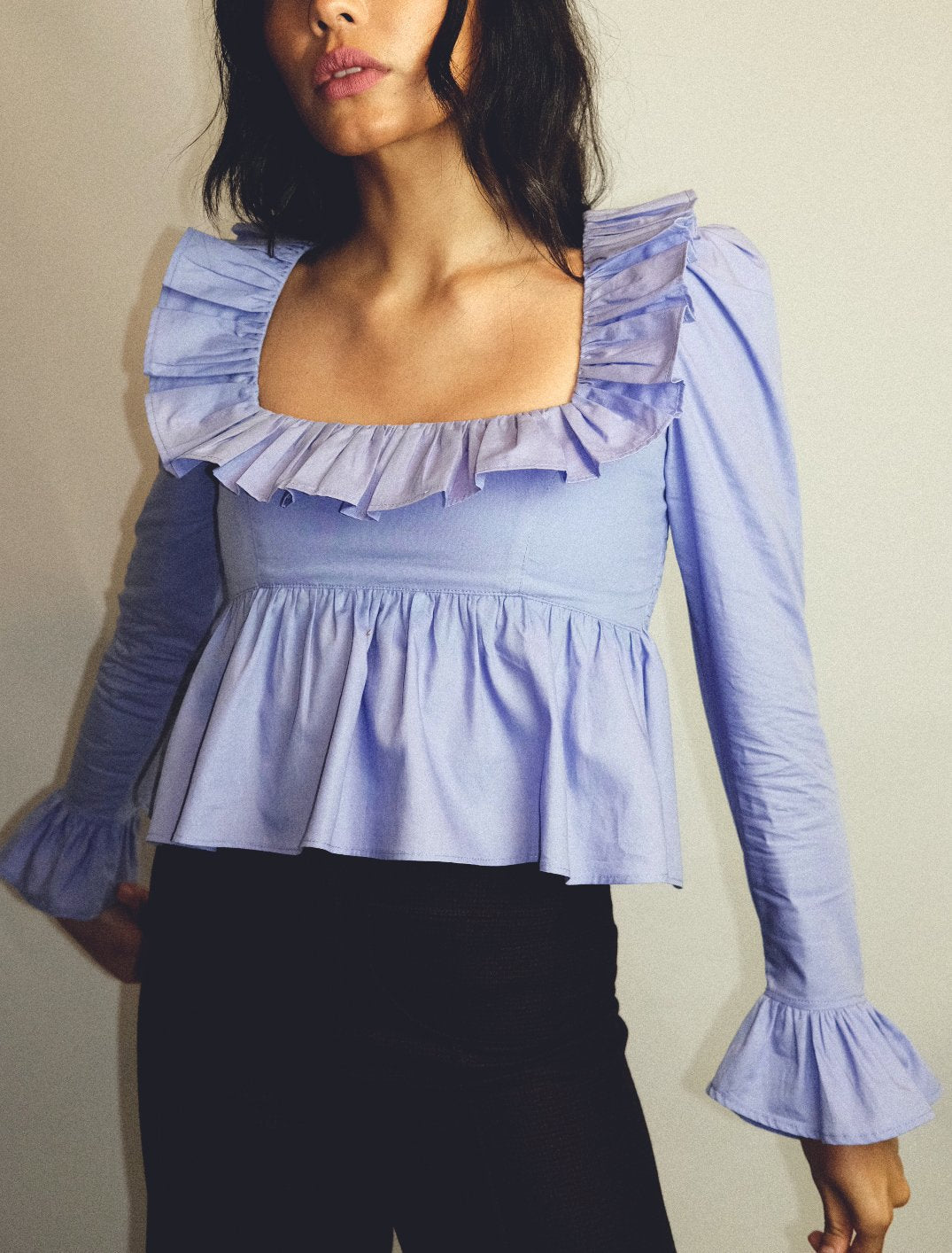 Summer Wind Women Solid Color Long Sleeve Ruffled Shirt Bella Mia