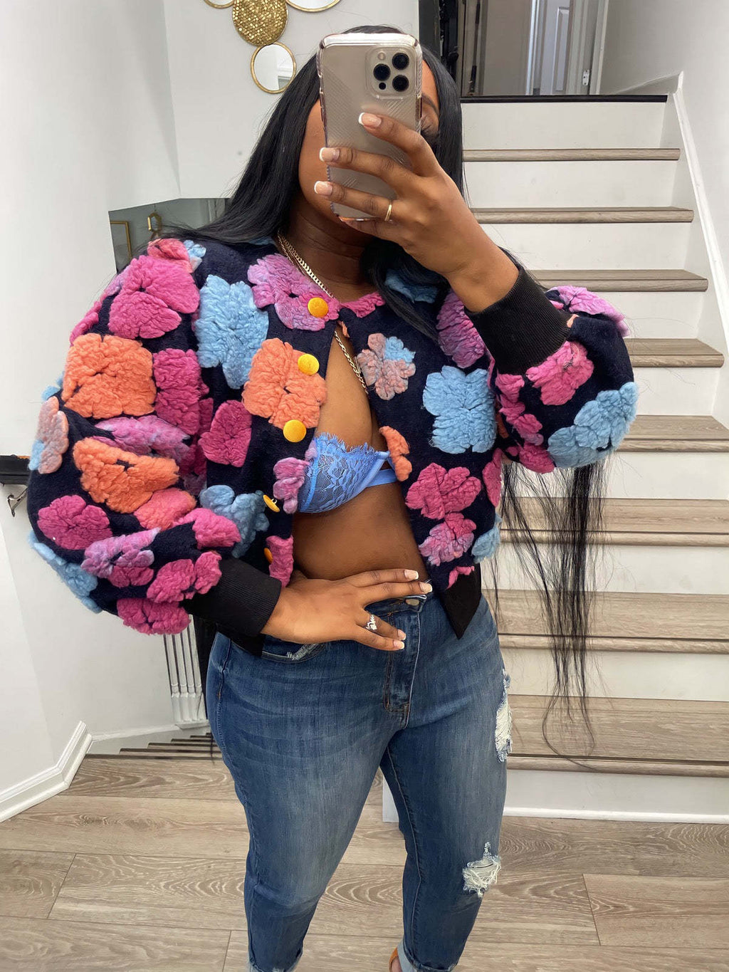 Autumn Winter Retro Three Dimensional Floral Loose Single Breasted Cardigan Short Coat Trend Women Clip 3D Rose Bella Mia
