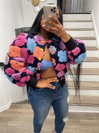Autumn Winter Retro Three Dimensional Floral Loose Single Breasted Cardigan Short Coat Trend Women Clip 3D Rose Bella Mia