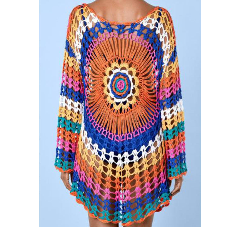Crocheted Hollow Out Cutout Blouse Beach Knitted Blouse Long Sleeve Vacation Clothes Bikini Rainbow Sun Protection Clothing Crochet hook