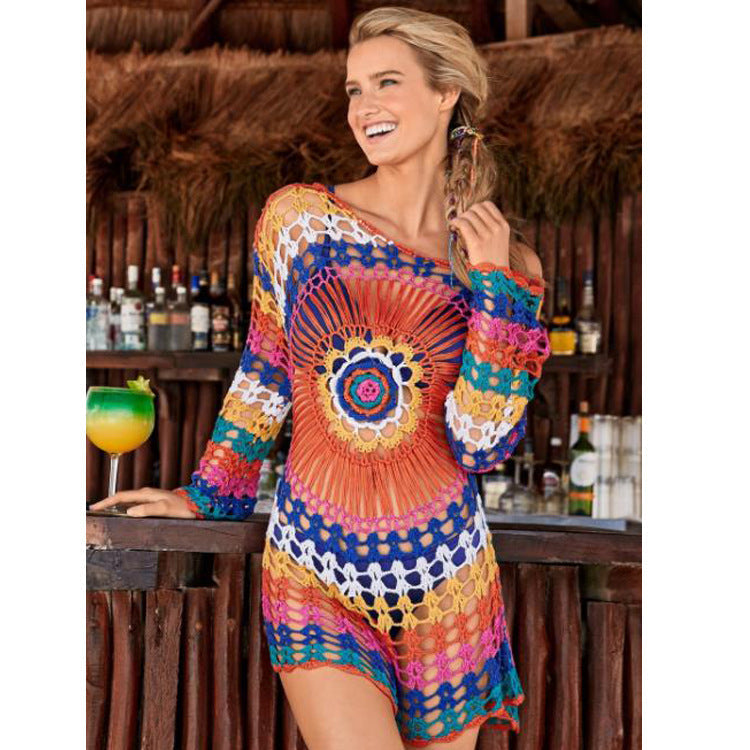 Crocheted Hollow Out Cutout Blouse Beach Knitted Blouse Long Sleeve Vacation Clothes Bikini Rainbow Sun Protection Clothing Crochet hook