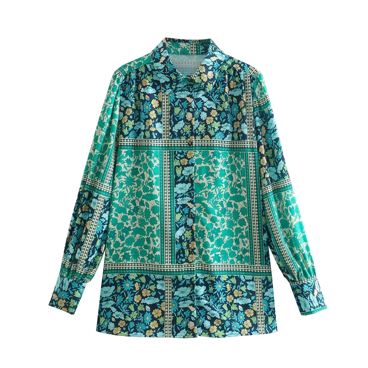 Summer Women Clothing Retro Polo Collar Printed Long Sleeve Loose Shirt Bella Mia
