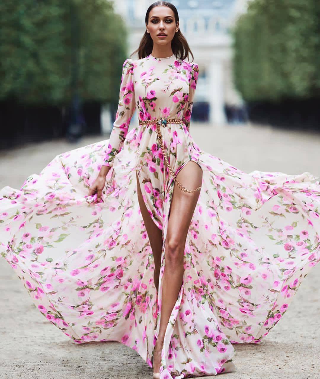 Women Clothing Print Large Swing Dress Slit Fashionable Maxi Dress Beach Dress Bella Mia