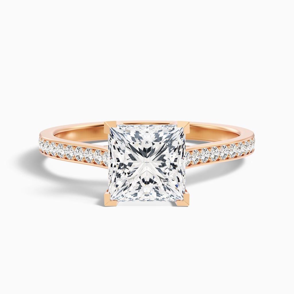 Tia 2 Carat Princess Cut Side Stone Pave Moissanite Engagement Ring in 10k Rose Gold