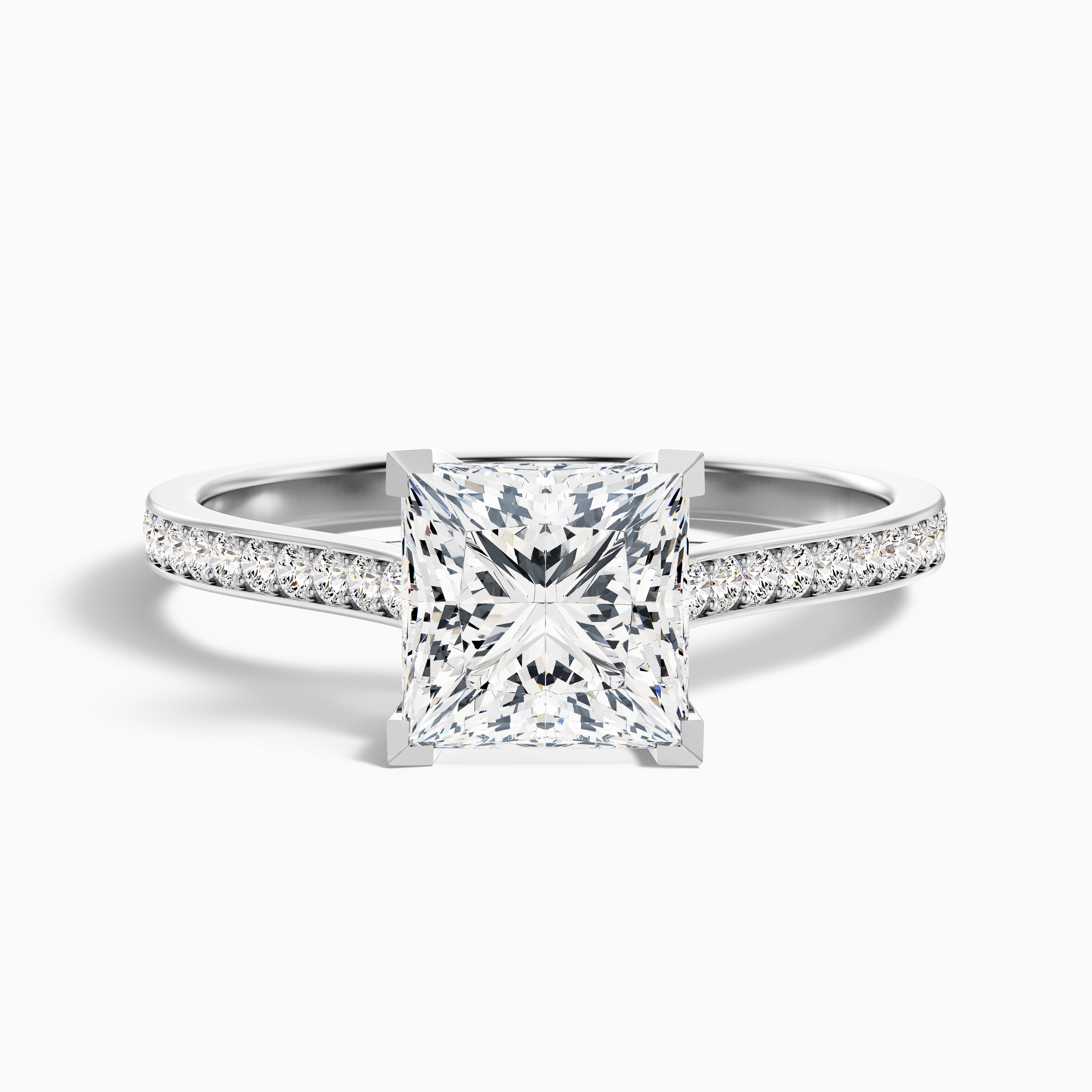 Tia 5 Carat Princess Cut Side Stone Pave Moissanite Engagement Ring in 18k White Gold
