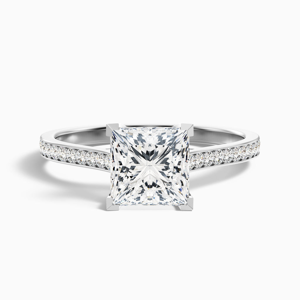 Tia 2.5 Carat Princess Cut Side Stone Pave Moissanite Engagement Ring in 18k Yellow Gold