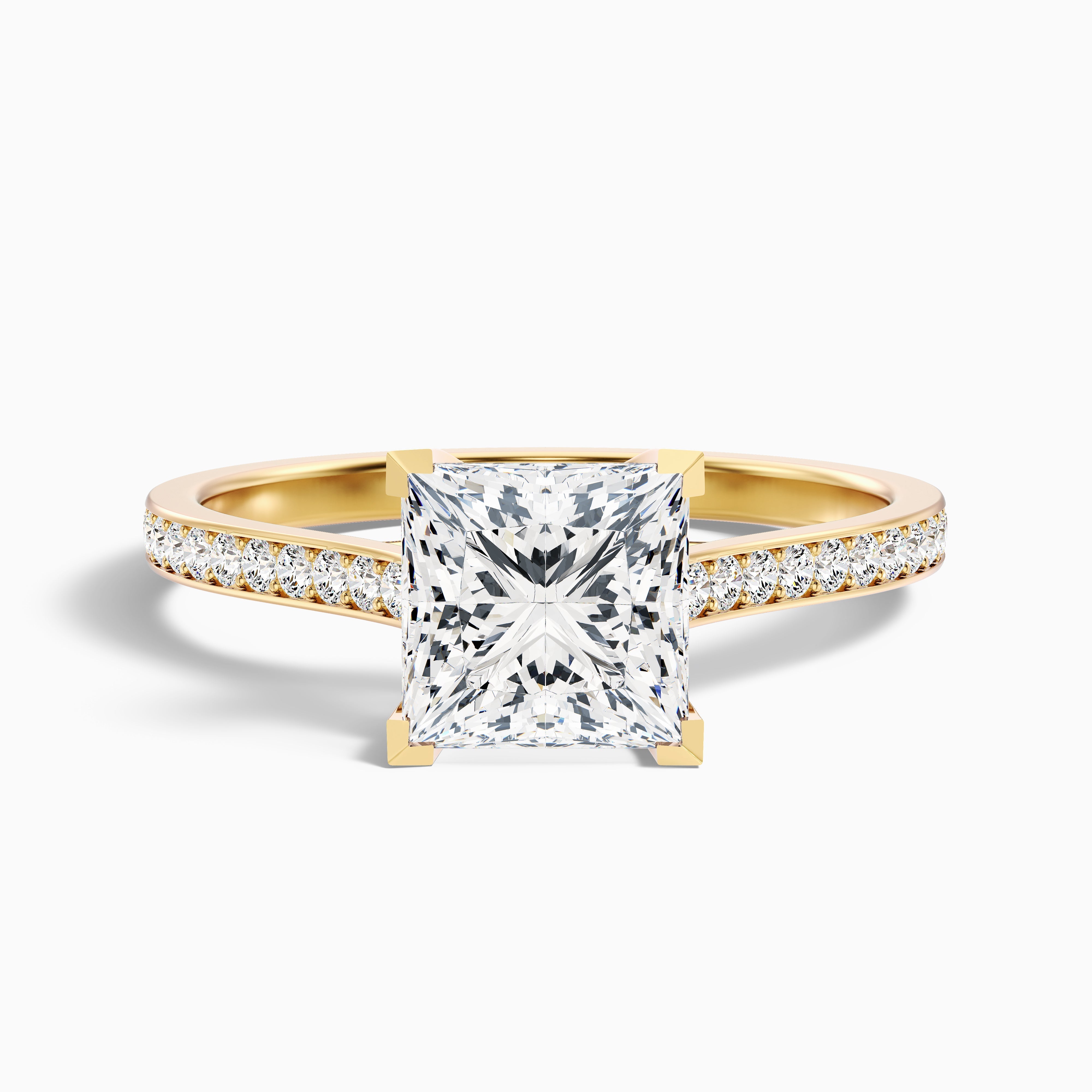 Tia 4.5 Carat Princess Cut Side Stone Pave Moissanite Engagement Ring in 18k Yellow Gold
