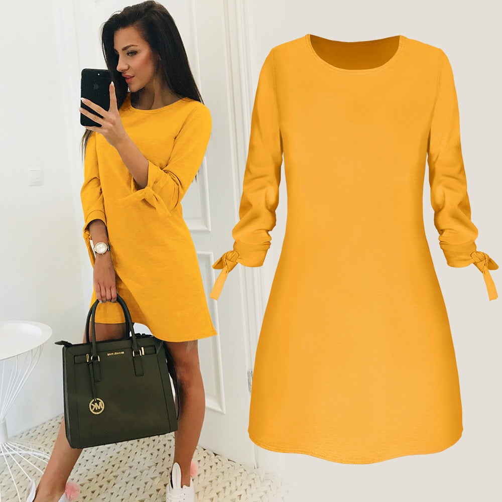 Spring Summer Autumn Solid Color Dress Casual O neck Dress Lace up