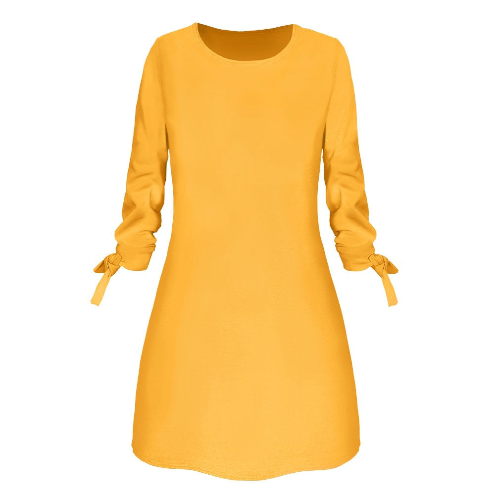 Spring Summer Autumn Solid Color Dress Casual O neck Dress Lace up
