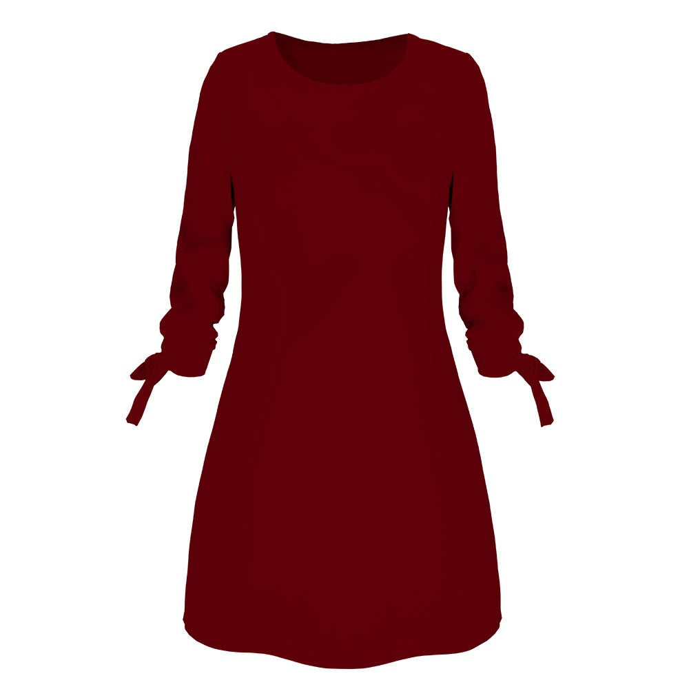 Spring Summer Autumn Solid Color Dress Casual O neck Dress Lace up