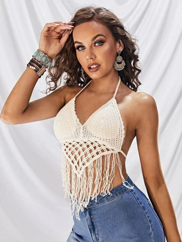 Women Summer Vacation Solid Crochet Fringe Sexy Halter Top Crochet hook Bella Mia