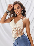 Women Summer Vacation Solid Crochet Fringe Sexy Halter Top Crochet hook Bella Mia