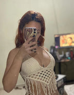 Women Summer Vacation Solid Crochet Fringe Sexy Halter Top Crochet hook Bella Mia