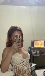 Women Summer Vacation Solid Crochet Fringe Sexy Halter Top Crochet hook Bella Mia