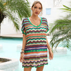 Summer Vacation Seaside Stitching Multicolor Cutout Beach Swimsuit Blouse Women Bella Mia