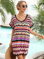Summer Vacation Seaside Stitching Multicolor Cutout Beach Swimsuit Blouse Women Bella Mia