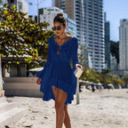 Women Clothing Irregular Asymmetric Deep V Plunge Sexy Bell Sleeve Hollow Out Cutout Woven Beach Overclothes Dress Bella Mia
