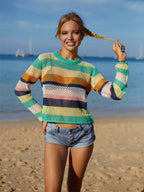 Summer Rainbow Stitching Hollow Out Cutout Bikini Beach Dress Knitted Blouse Bella Mia