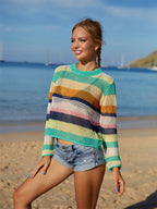 Summer Rainbow Stitching Hollow Out Cutout Bikini Beach Dress Knitted Blouse Bella Mia