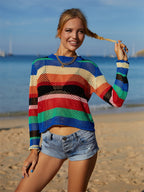 Summer Rainbow Stitching Hollow Out Cutout Bikini Beach Dress Knitted Blouse Bella Mia