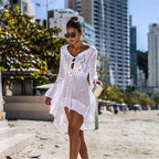 Women Clothing Irregular Asymmetric Deep V Plunge Sexy Bell Sleeve Hollow Out Cutout Woven Beach Overclothes Dress Bella Mia