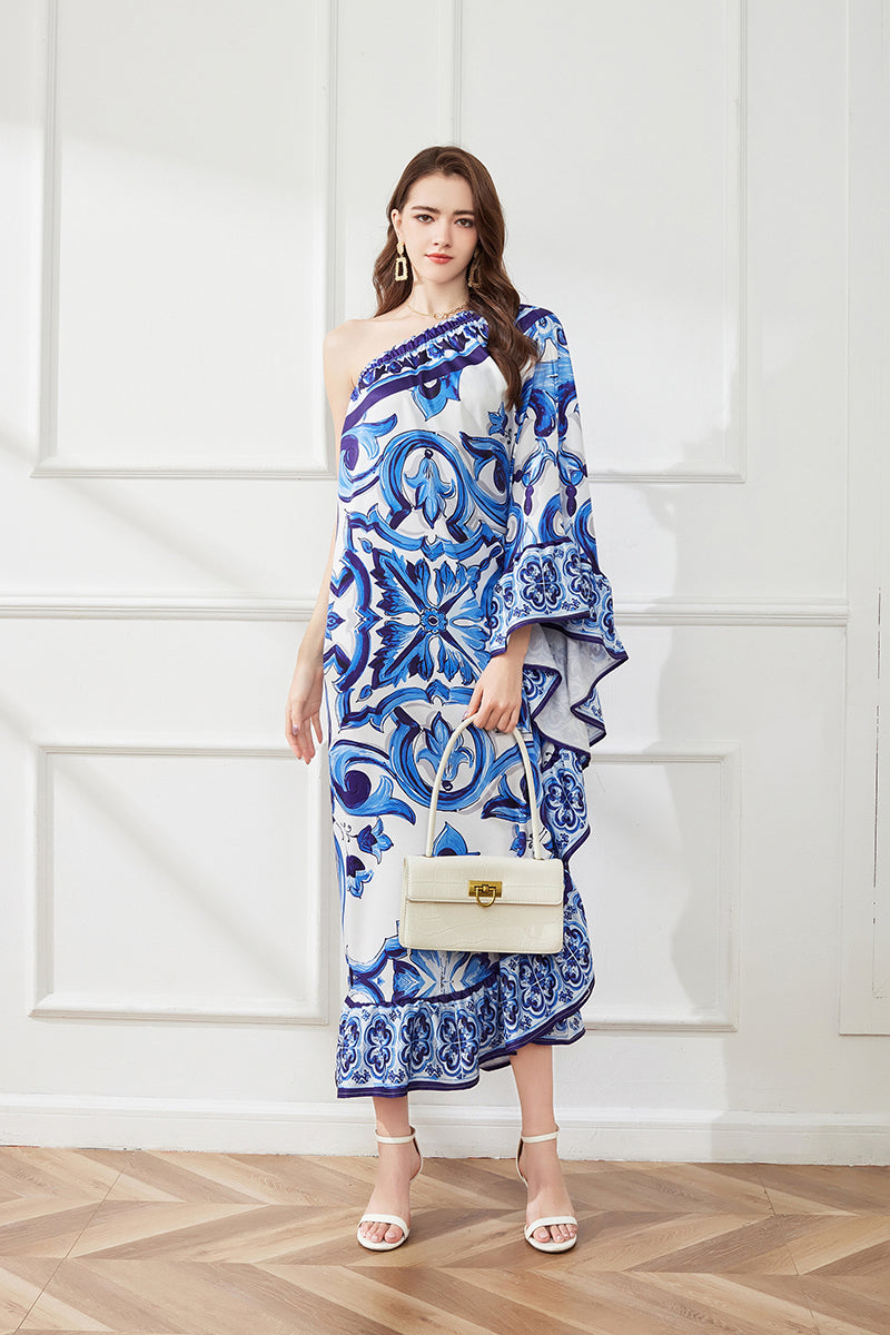 Spring Summer Asymmetric Design Slant Shoulder Print Loose Dress