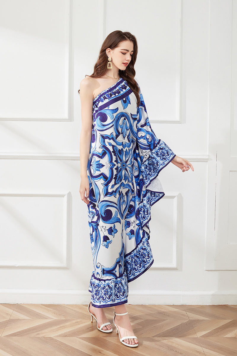 Spring Summer Asymmetric Design Slant Shoulder Print Loose Dress