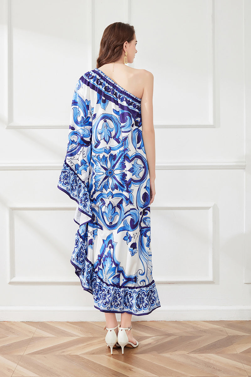Spring Summer Asymmetric Design Slant Shoulder Print Loose Dress