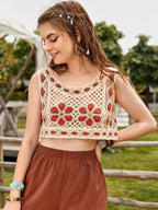 Women Summer Vacation Sleeveless Floral Crochet Crop Top Crochet hook Bella Mia