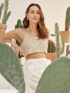 Women Summer Vacation Sleeveless Floral Crochet Solid Crop Top Crochet hook Bella Mia